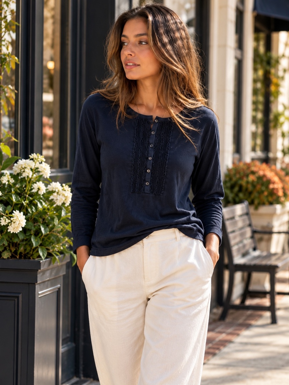 L.L.Bean Navy Ruffle Front Henley Top Long Sleeve Cotton Modal XL